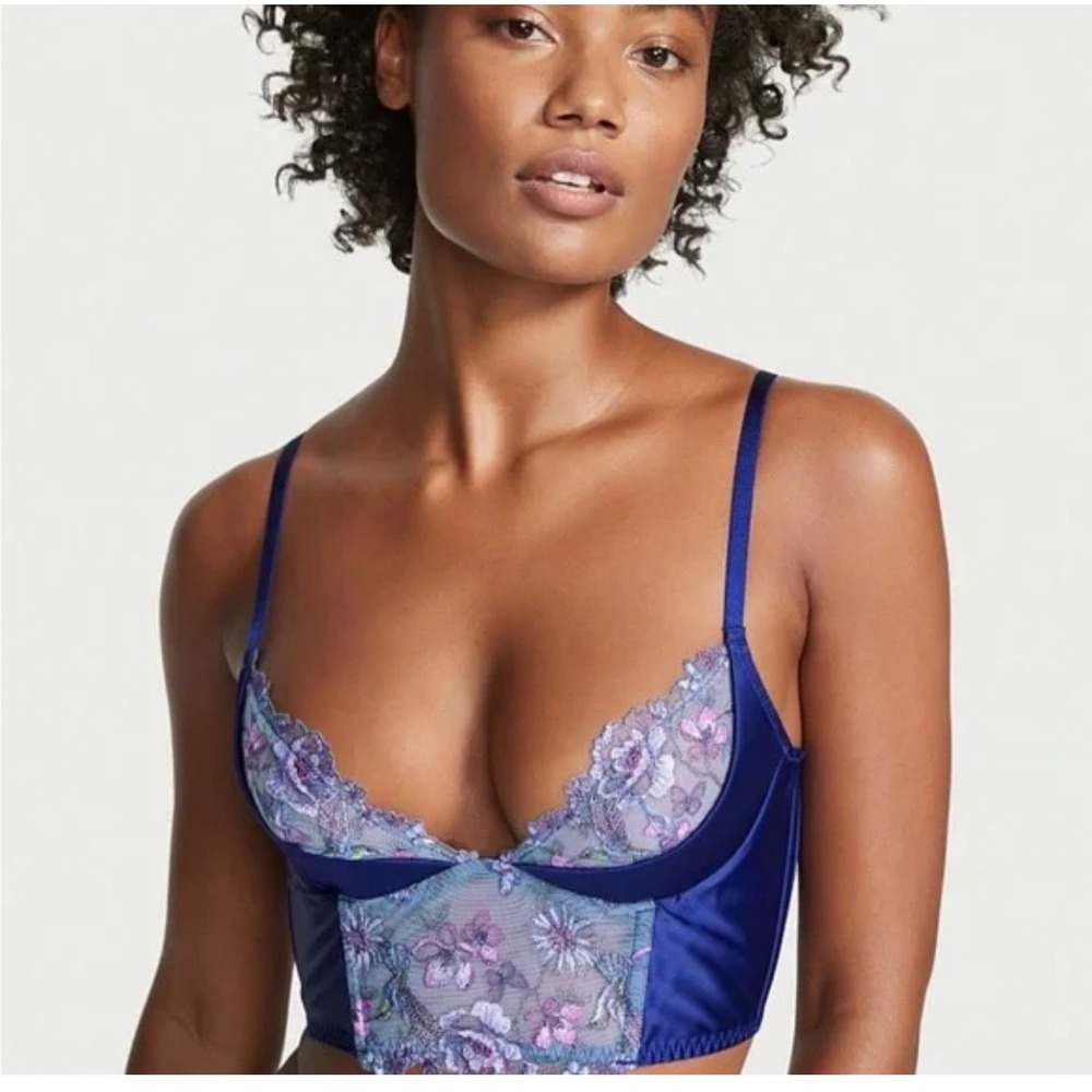 Victoria's Secret Angels Blue Floral Embroidered Hummingbird‎ Bra Corset 32DD
